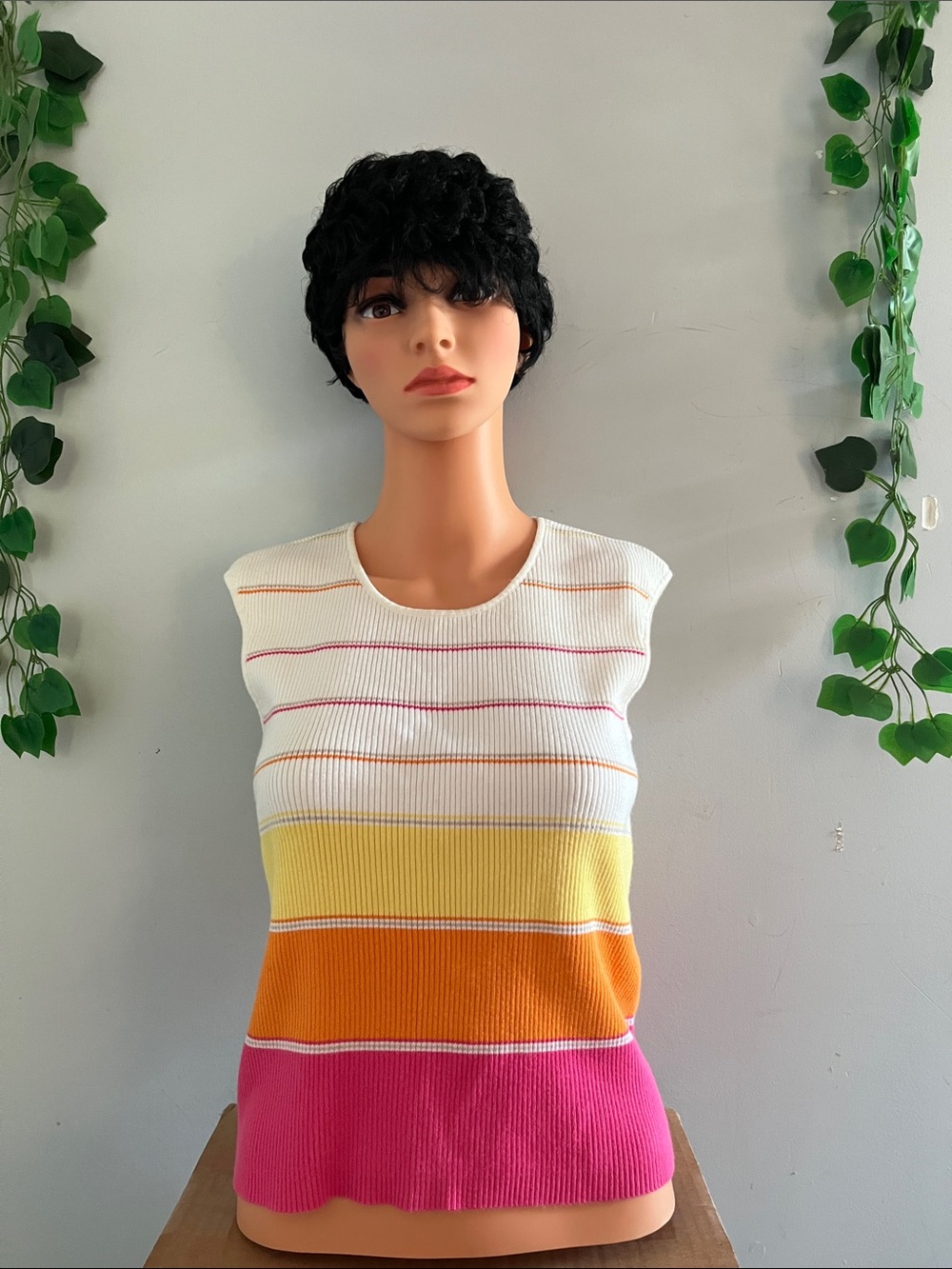Liz Claiborne White Ribbed Tank with Yellow, Orange & Pink Stripes